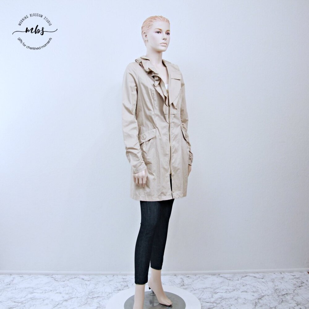 Willi Smith Ruffle Lightweight Zip Up Cotton Trench‎ Coat Beige Women M